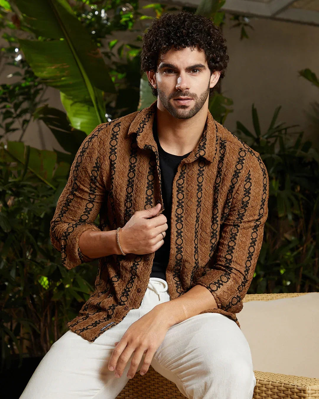 Men's Chocolate Brown & Black Embroidered Shirt