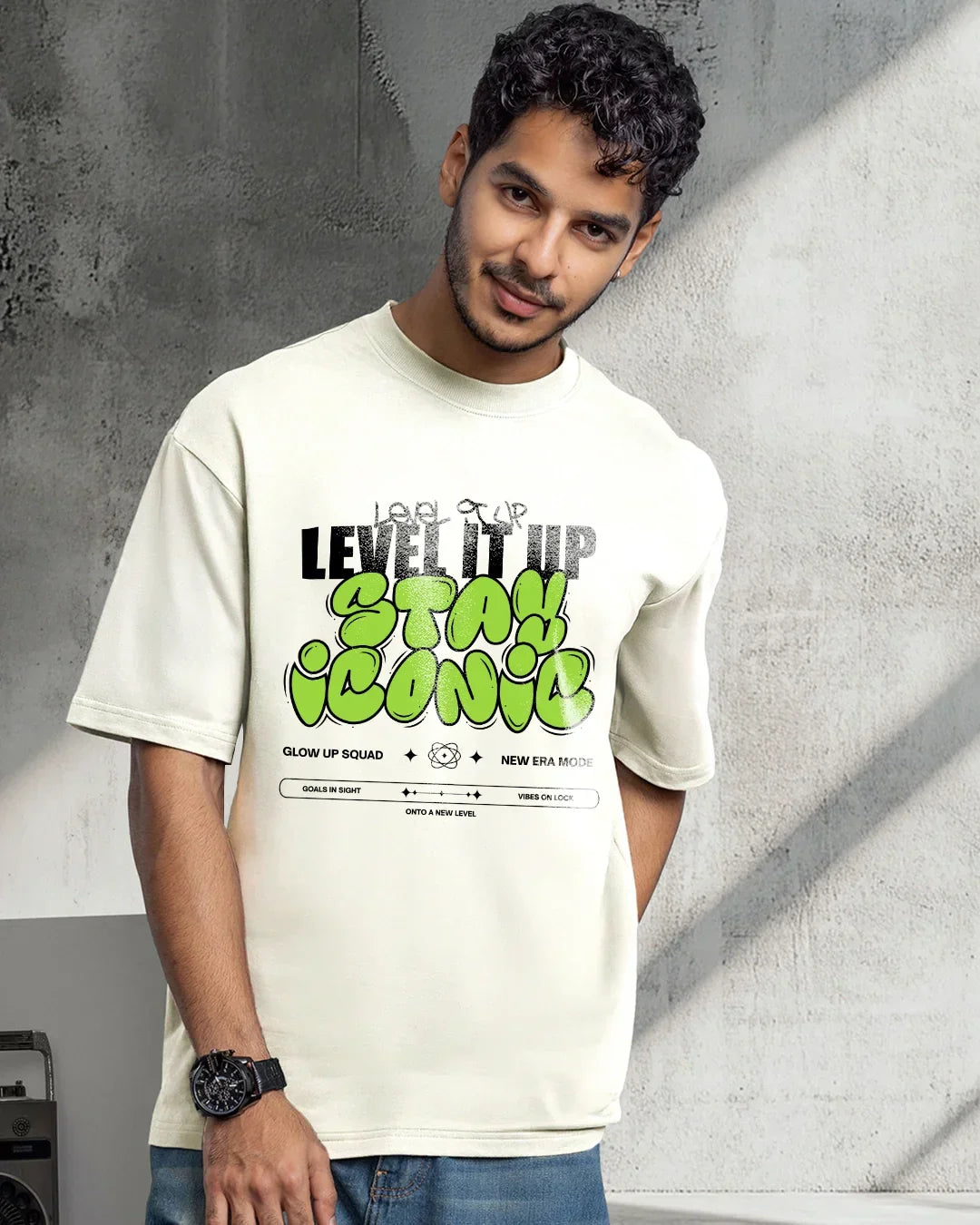 Men's Gardenia Level It Up Stay Iconic Typography Oversized T-shirt