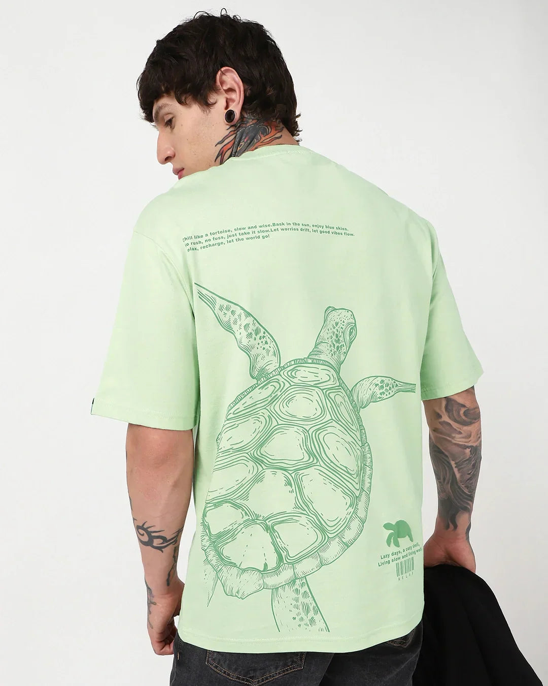 Men's Green Fog Green Turtle Graphic Printed Oversized T-shirt