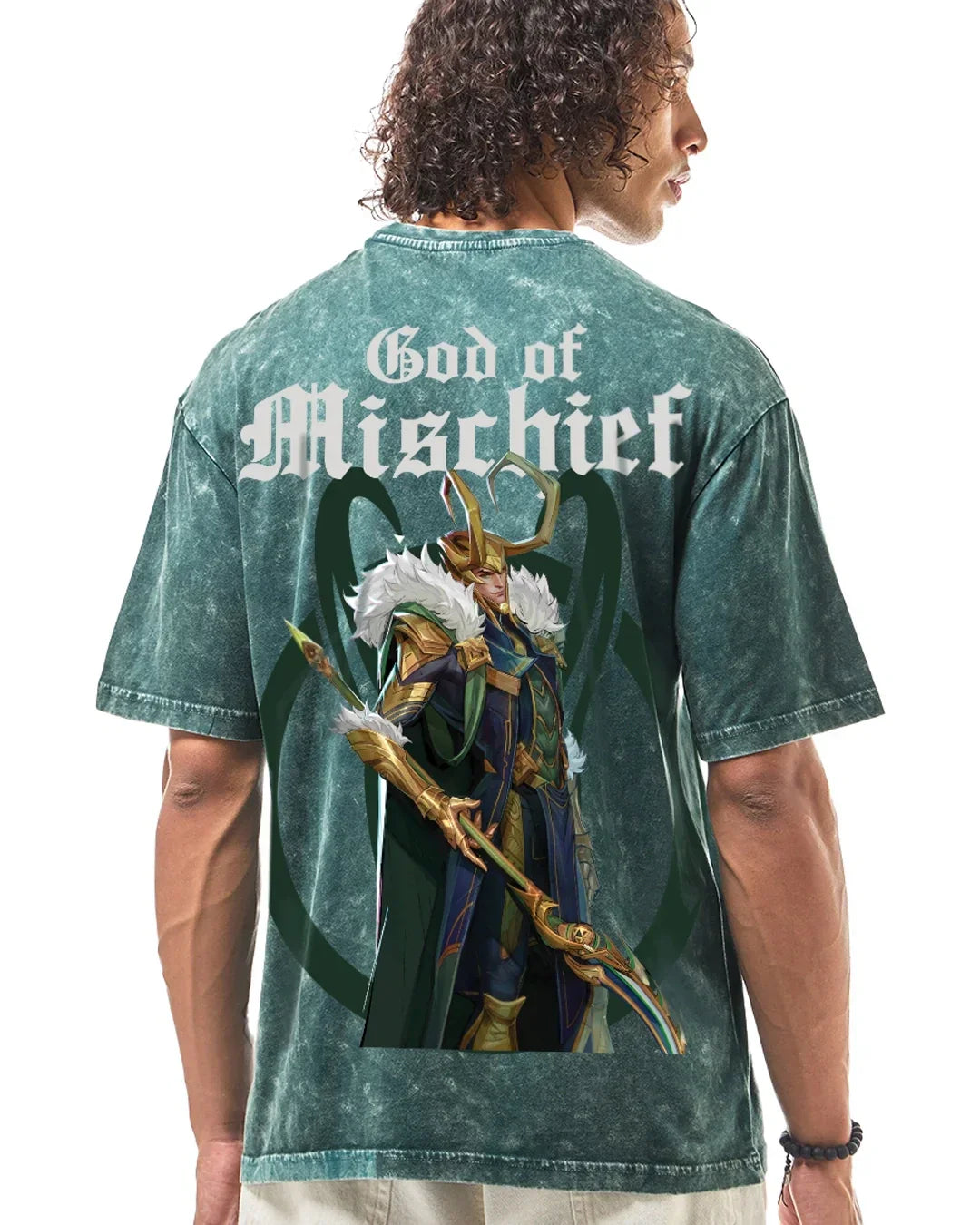 Men's Green Loki Graphic Printed Oversized Acid Wash T-shirt