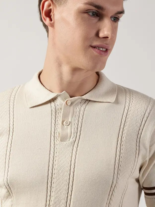 Men Striped Polo Neck Pure Cotton Beige T-Shirt