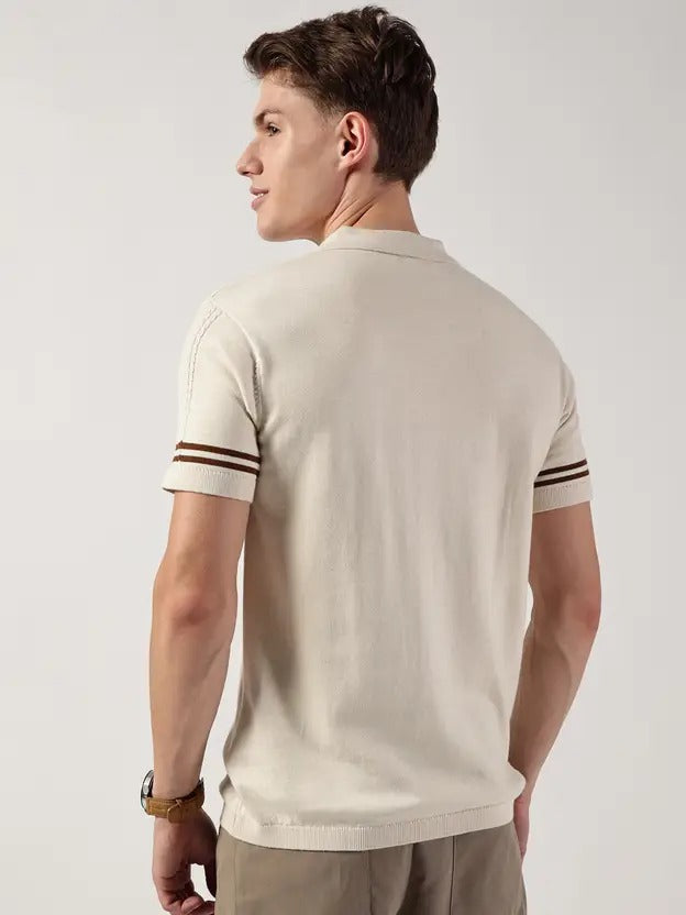 Men Striped Polo Neck Pure Cotton Beige T-Shirt