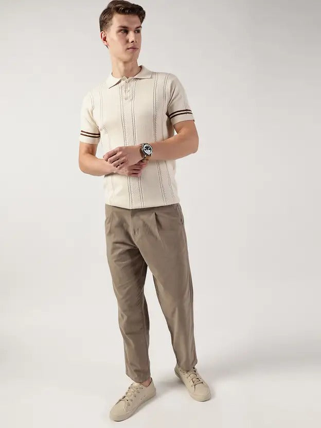 Men Striped Polo Neck Pure Cotton Beige T-Shirt