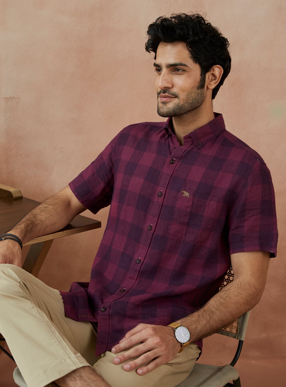 Burgundy Grid Linen Half Shirt