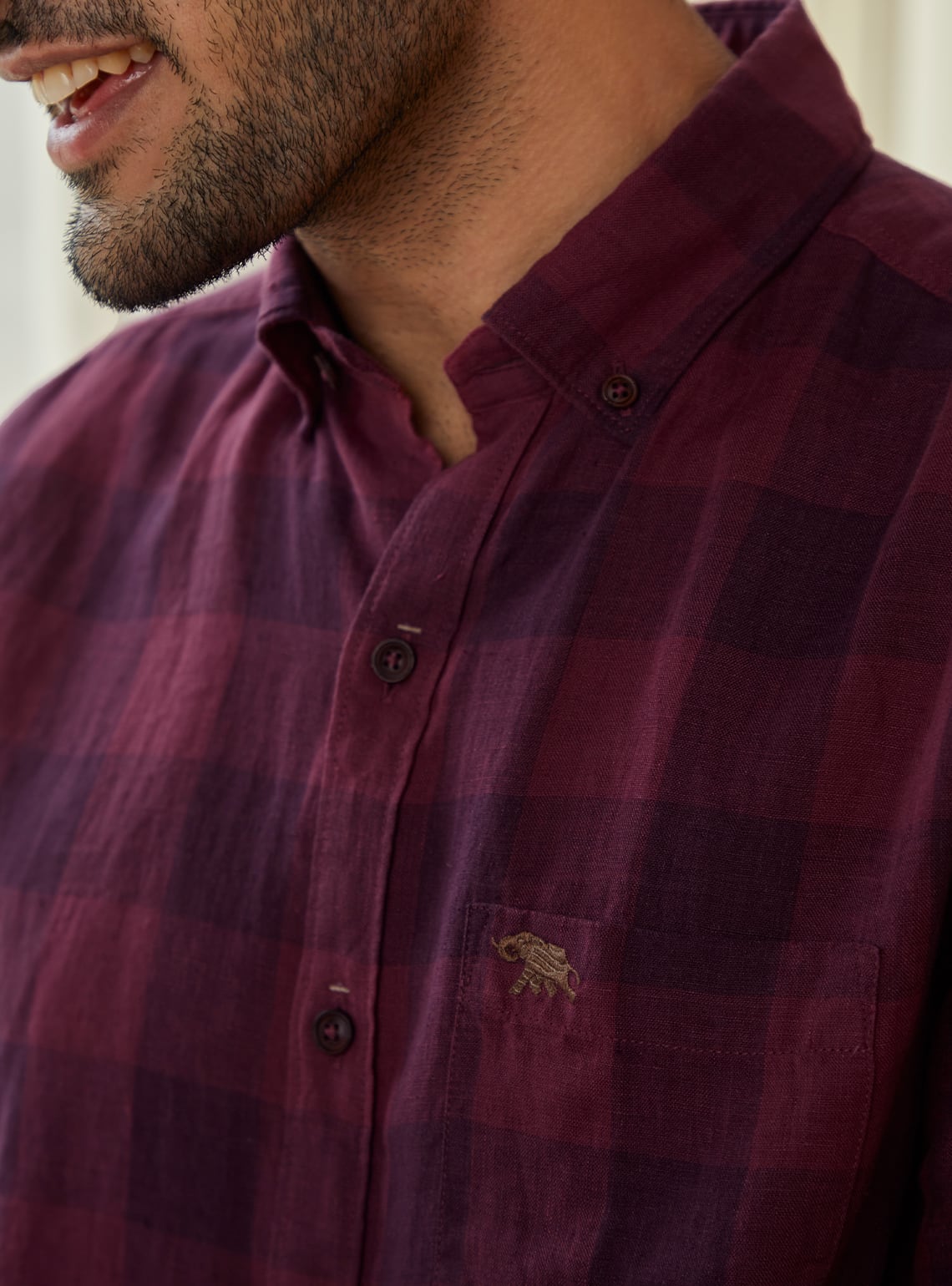 Burgundy Grid Linen Half Shirt