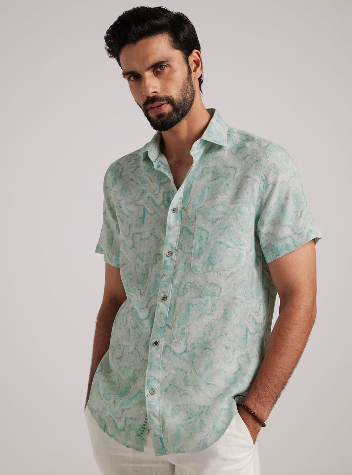 Teal Marble Linen Shirt