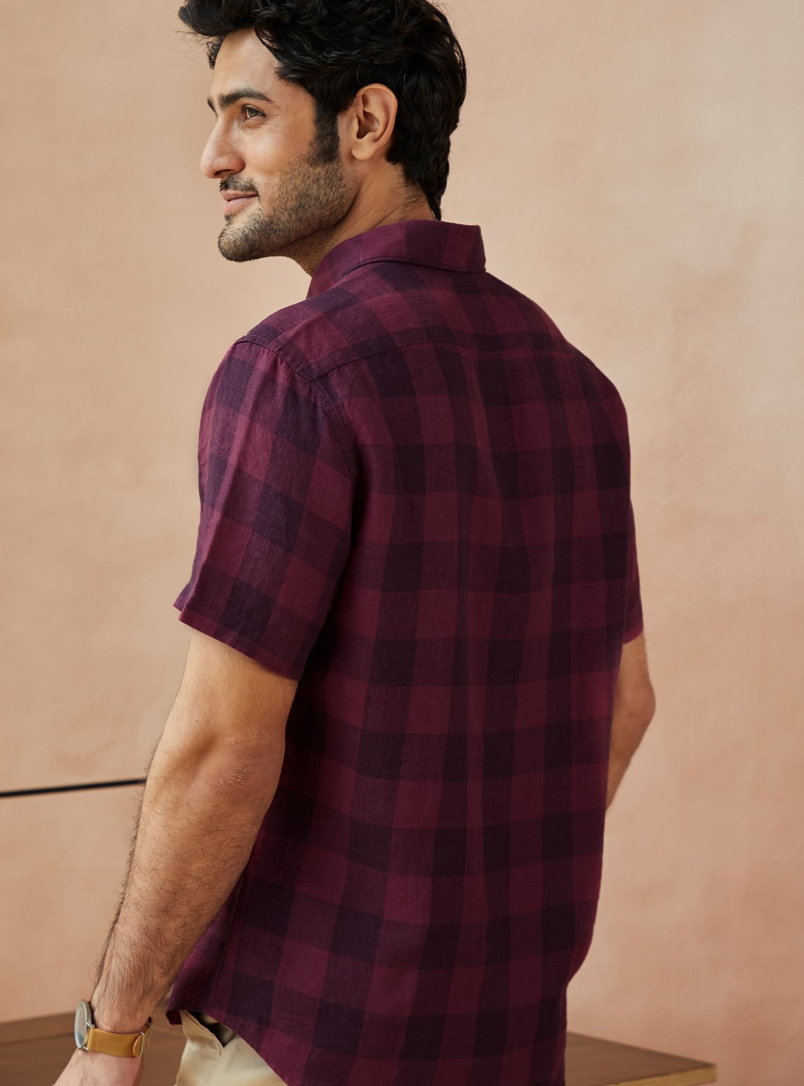 Burgundy Grid Linen Half Shirt