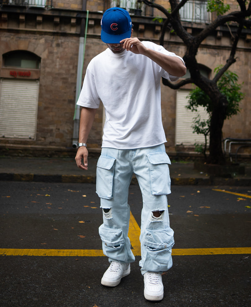Ice Blue Torn Baggy Fit Cargo Denim Jeans