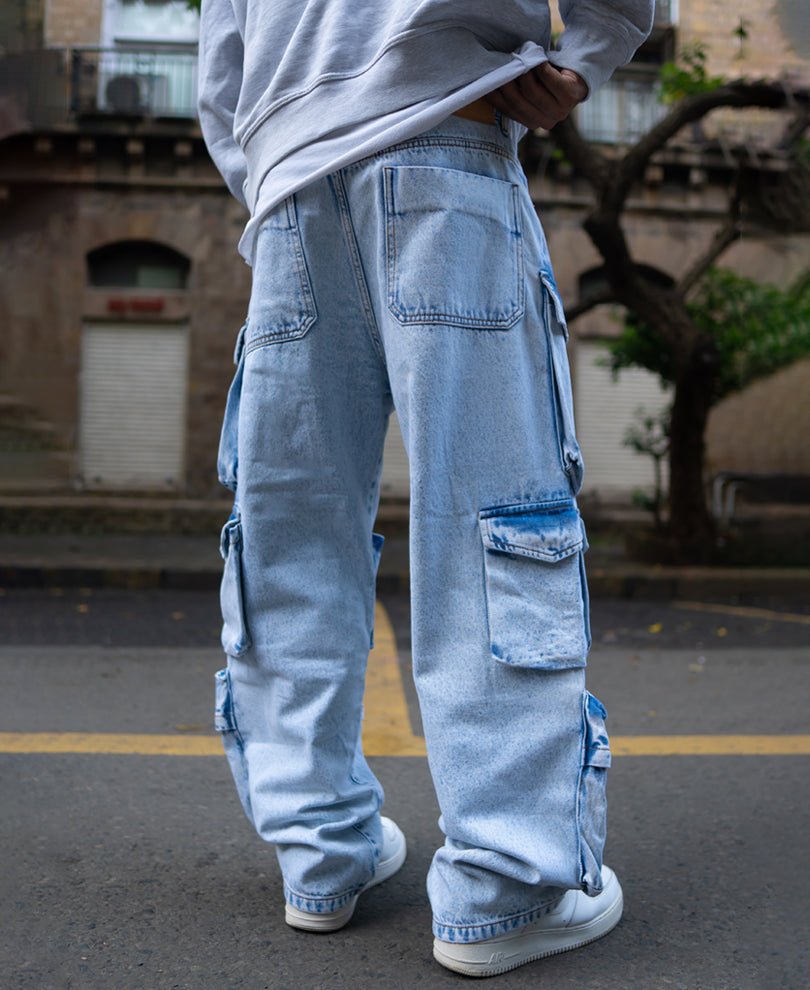 Ice Blue Baggy Fit Cargo Denim Jeans