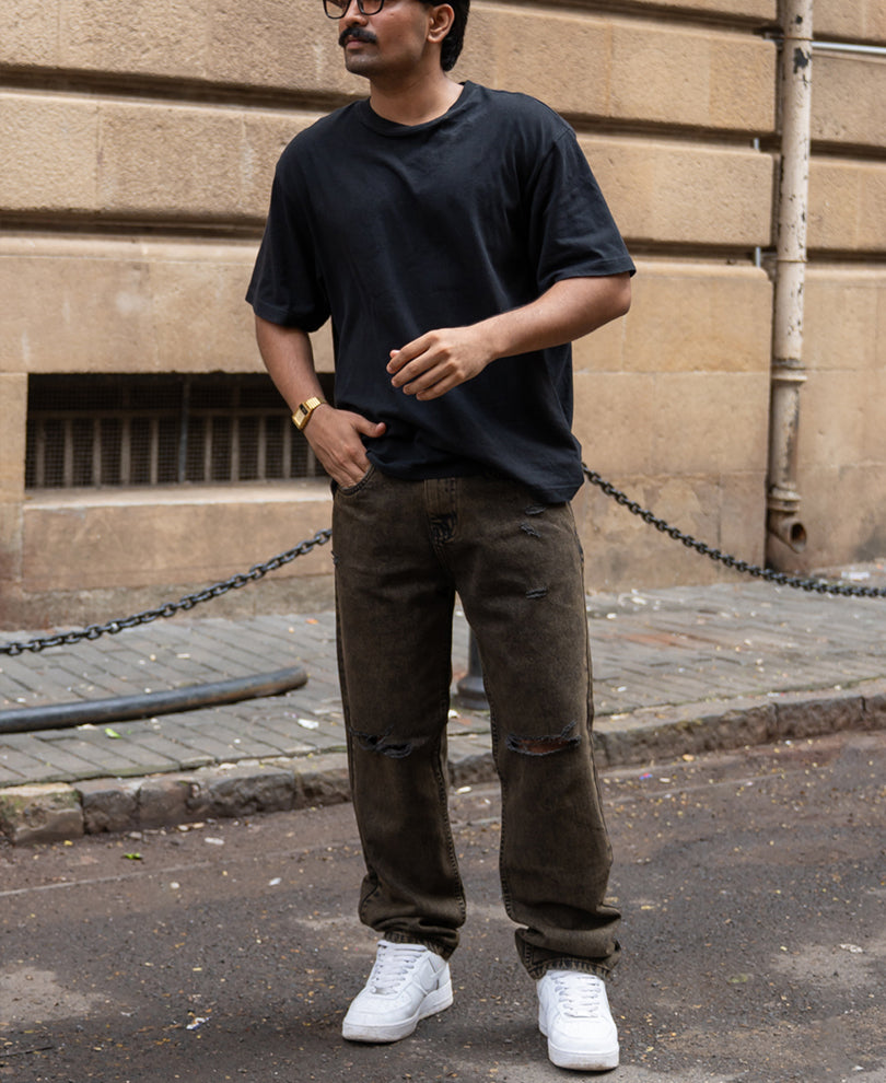 Washed Brown Distress Baggy Jeans
