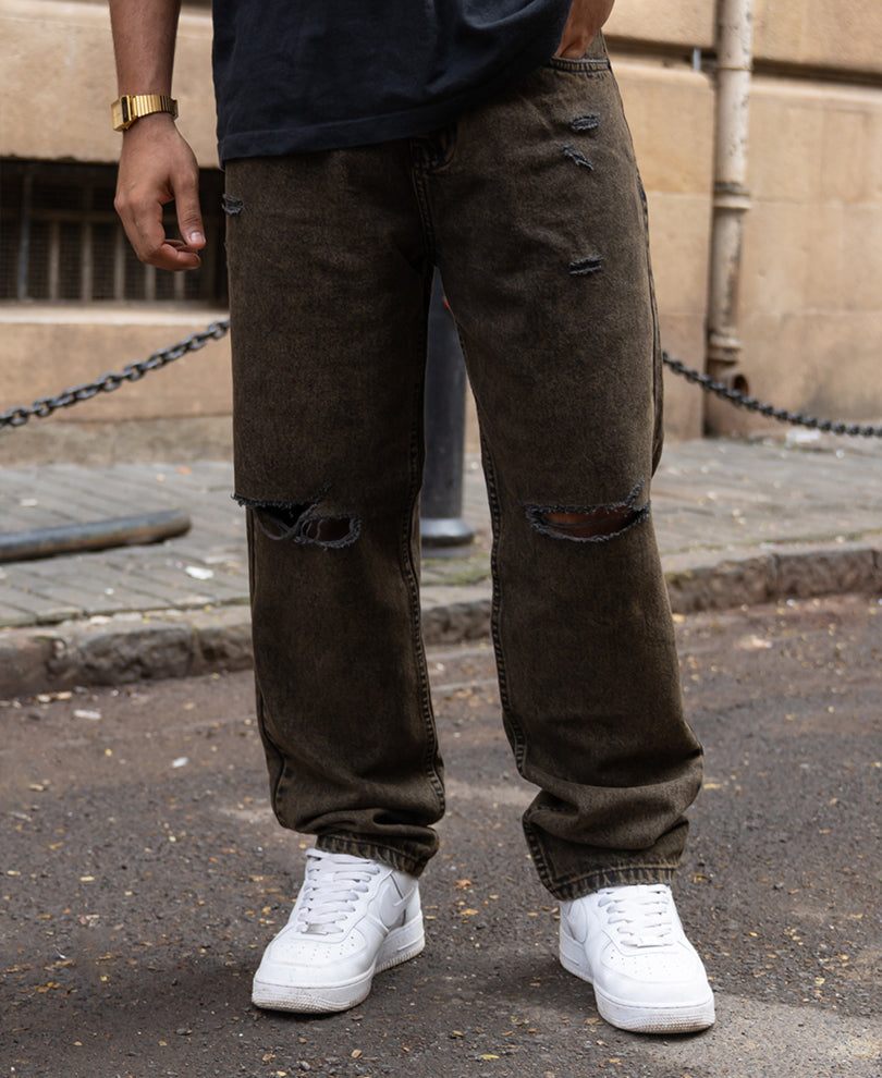 Washed Brown Distress Baggy Jeans
