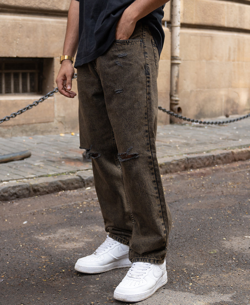 Washed Brown Distress Baggy Jeans