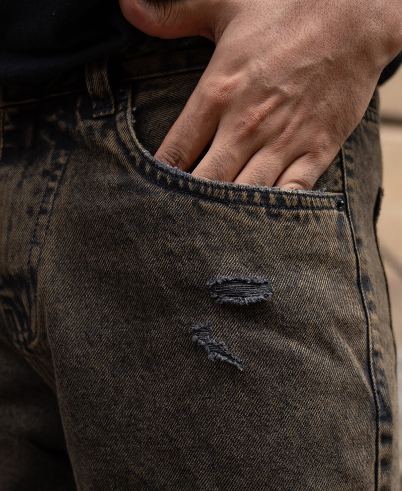 Washed Brown Distress Baggy Jeans