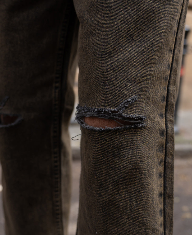 Washed Brown Distress Baggy Jeans
