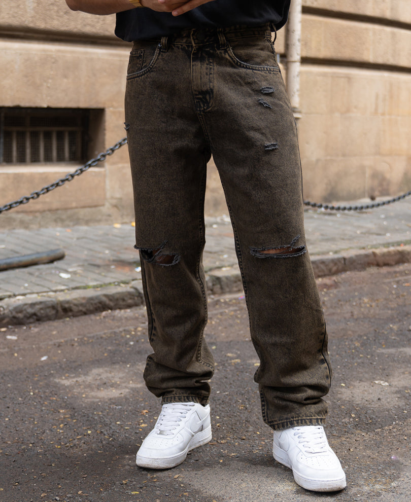 Washed Brown Distress Baggy Jeans
