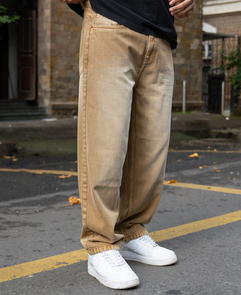 Sand Brown Washed Baggy Jeans