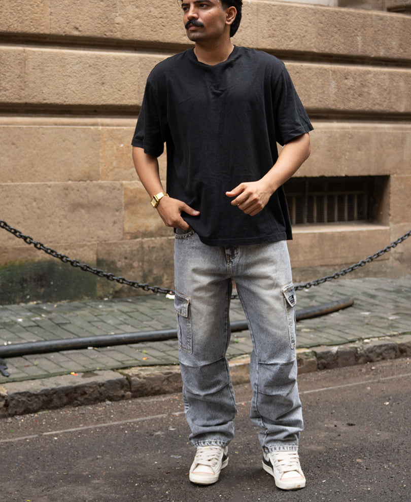 Grey Washed Baggy Cargo Jeans