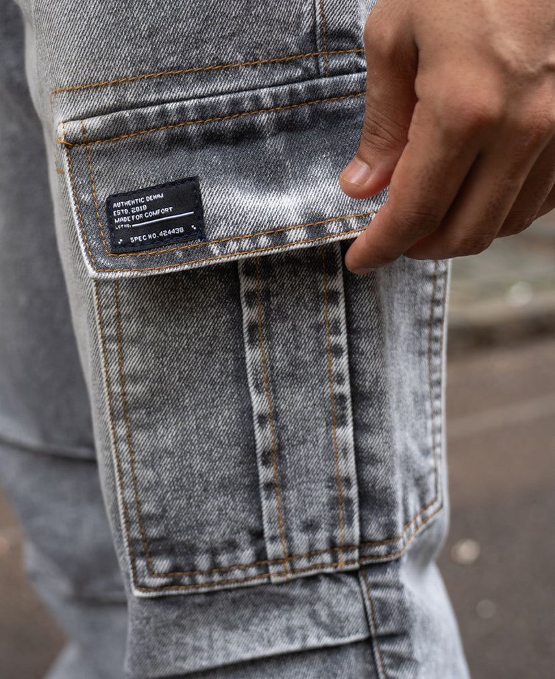 Grey Washed Baggy Cargo Jeans