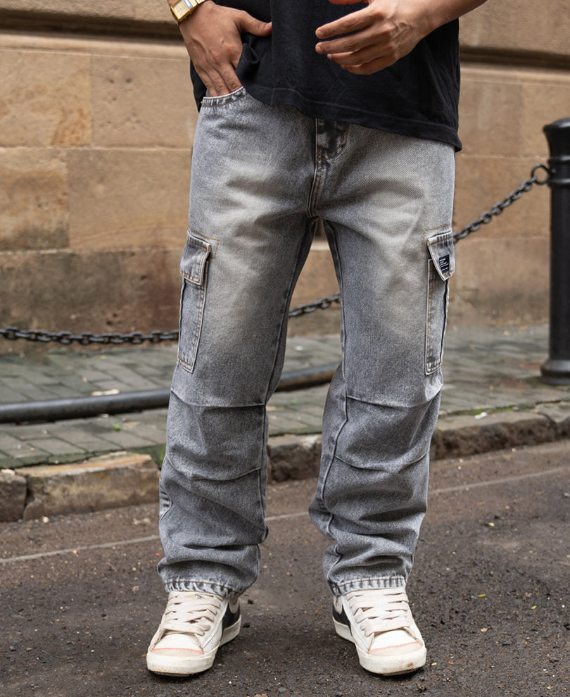 Grey Washed Baggy Cargo Jeans