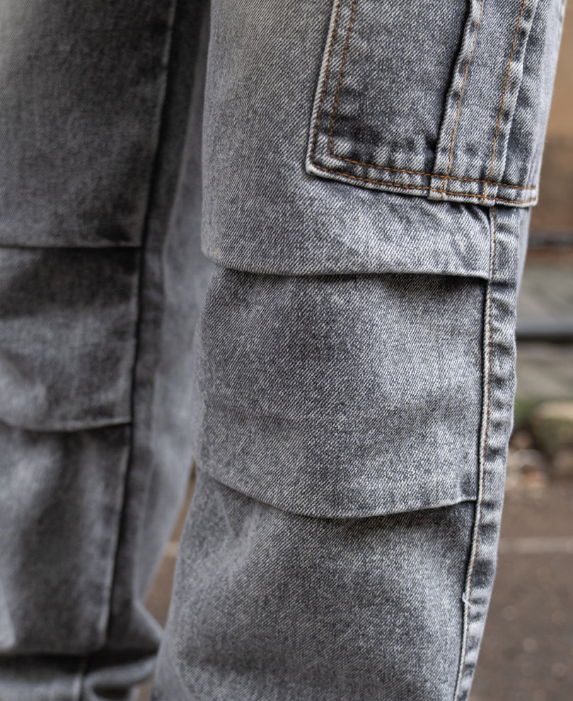 Grey Washed Baggy Cargo Jeans