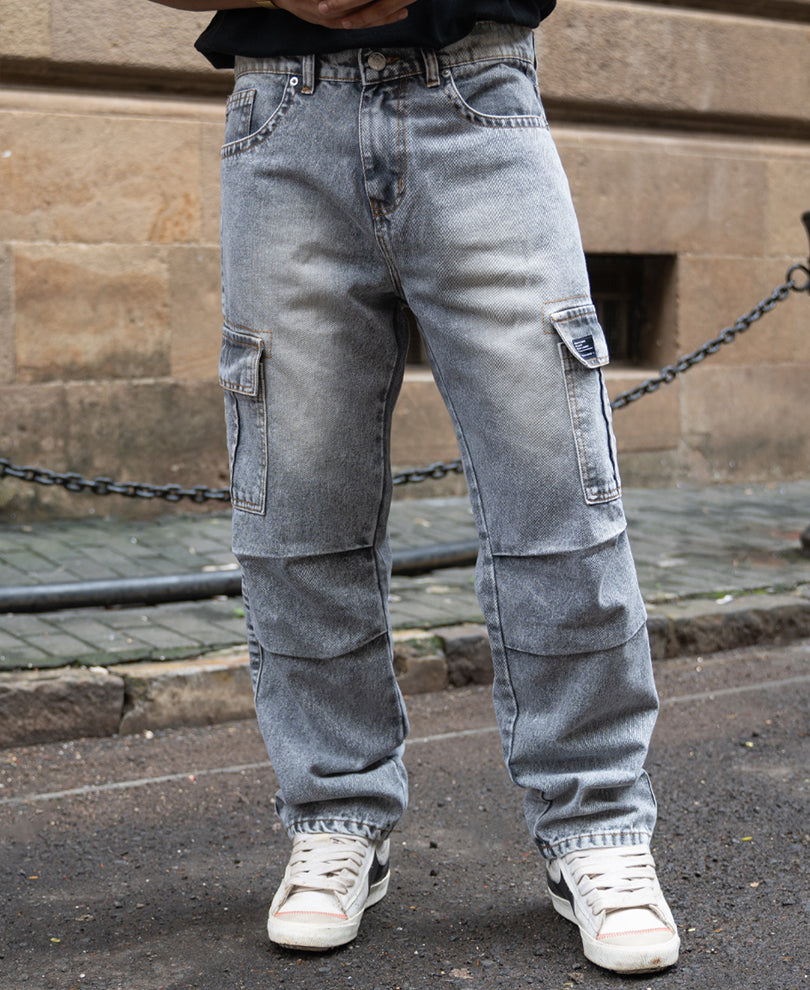 Grey Washed Baggy Cargo Jeans