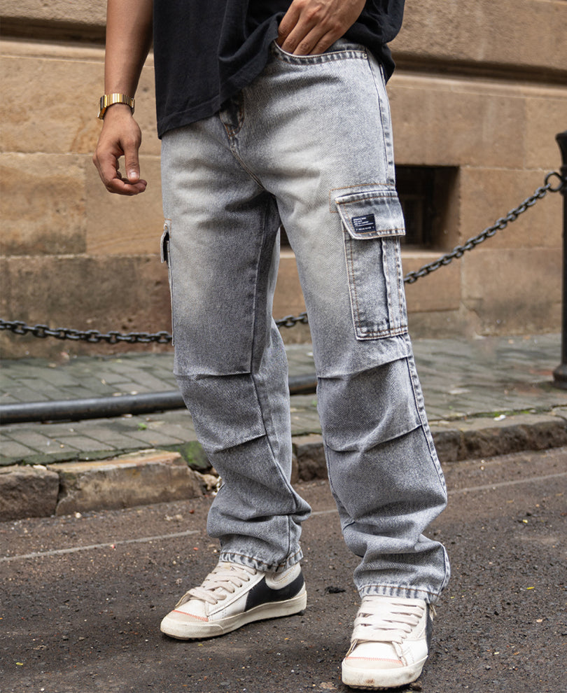 Grey Washed Baggy Cargo Jeans