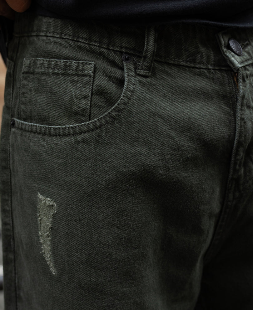 Olive Distress Baggy Jeans