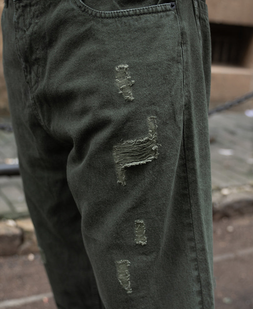 Olive Distress Baggy Jeans
