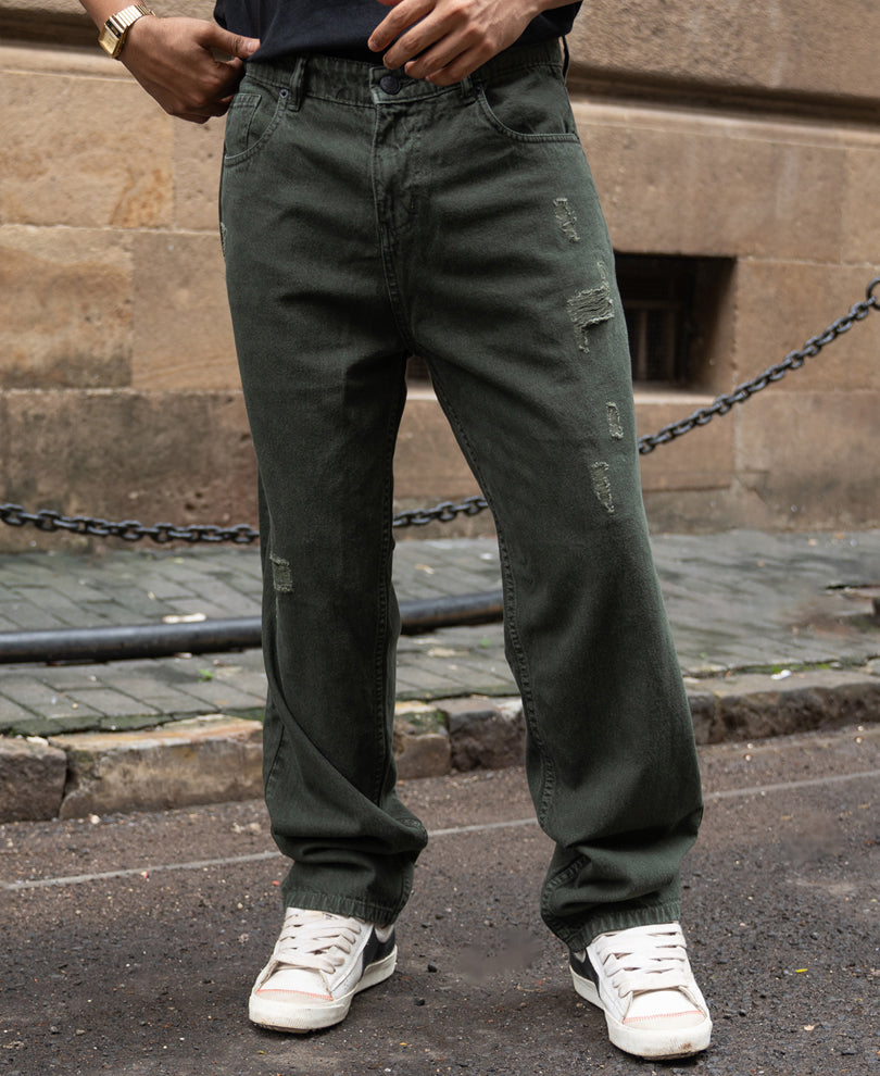 Olive Distress Baggy Jeans