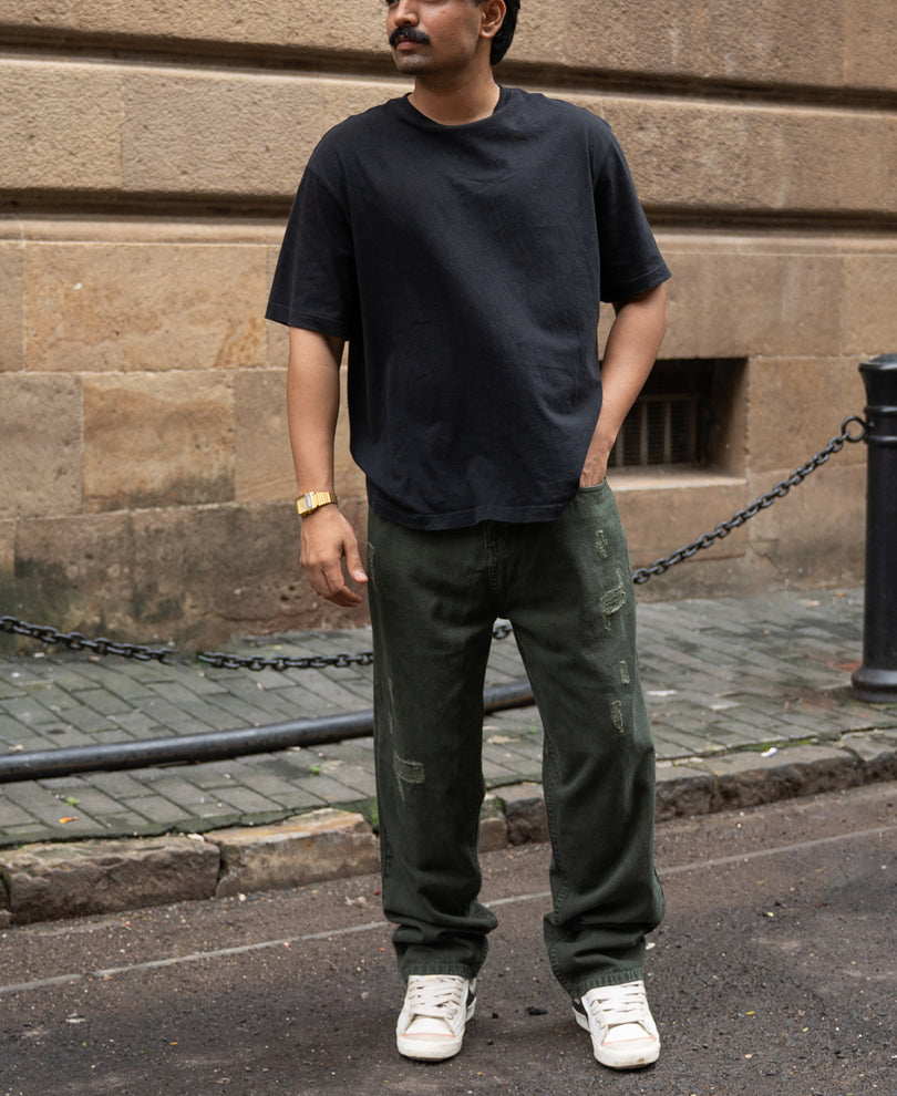 Olive Distress Baggy Jeans