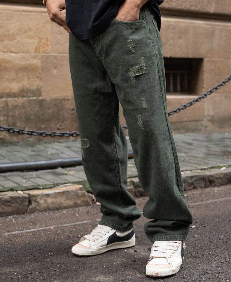 Olive Distress Baggy Jeans