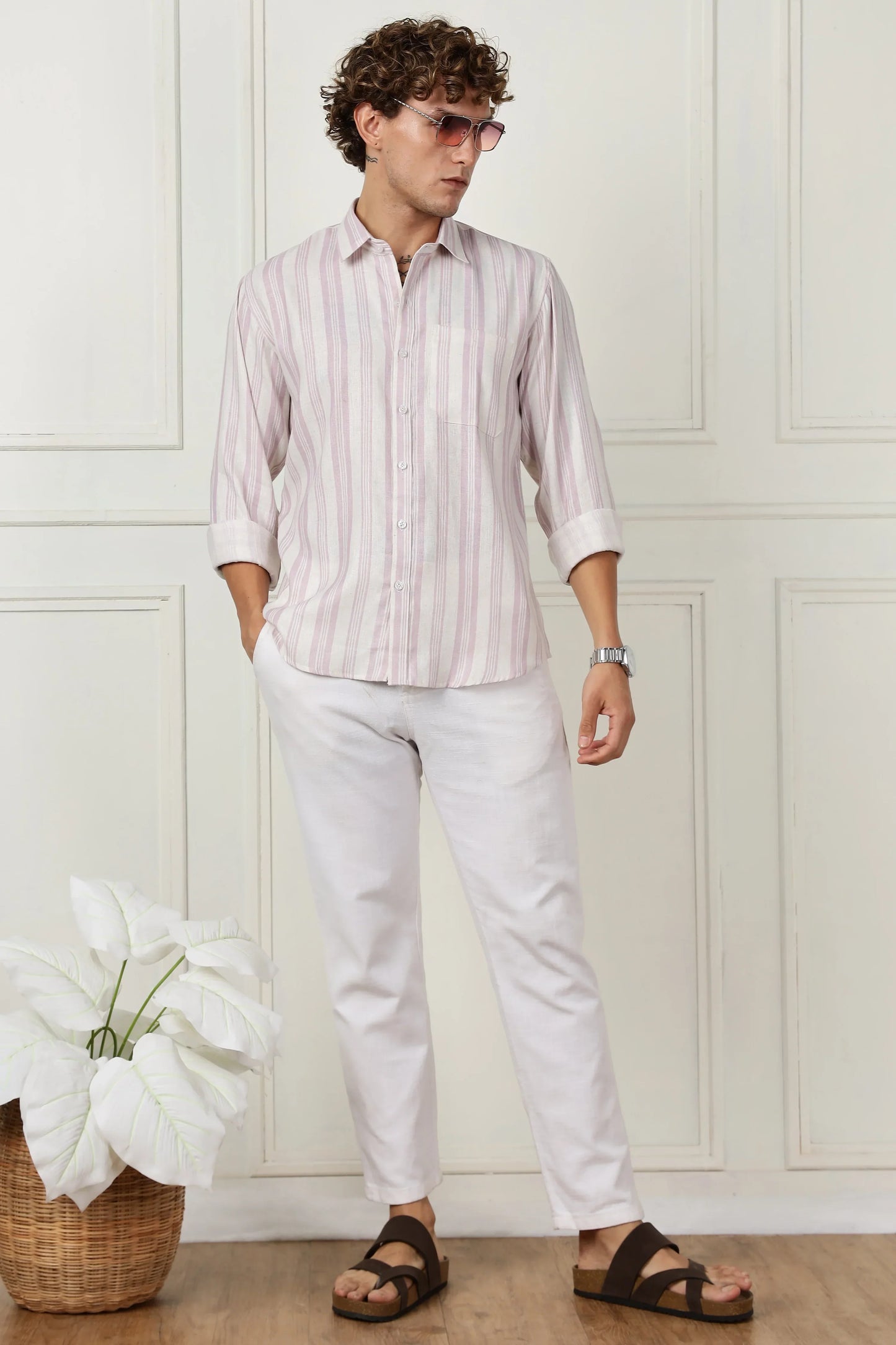 Lavender stripe printed full sleeve linen shirt