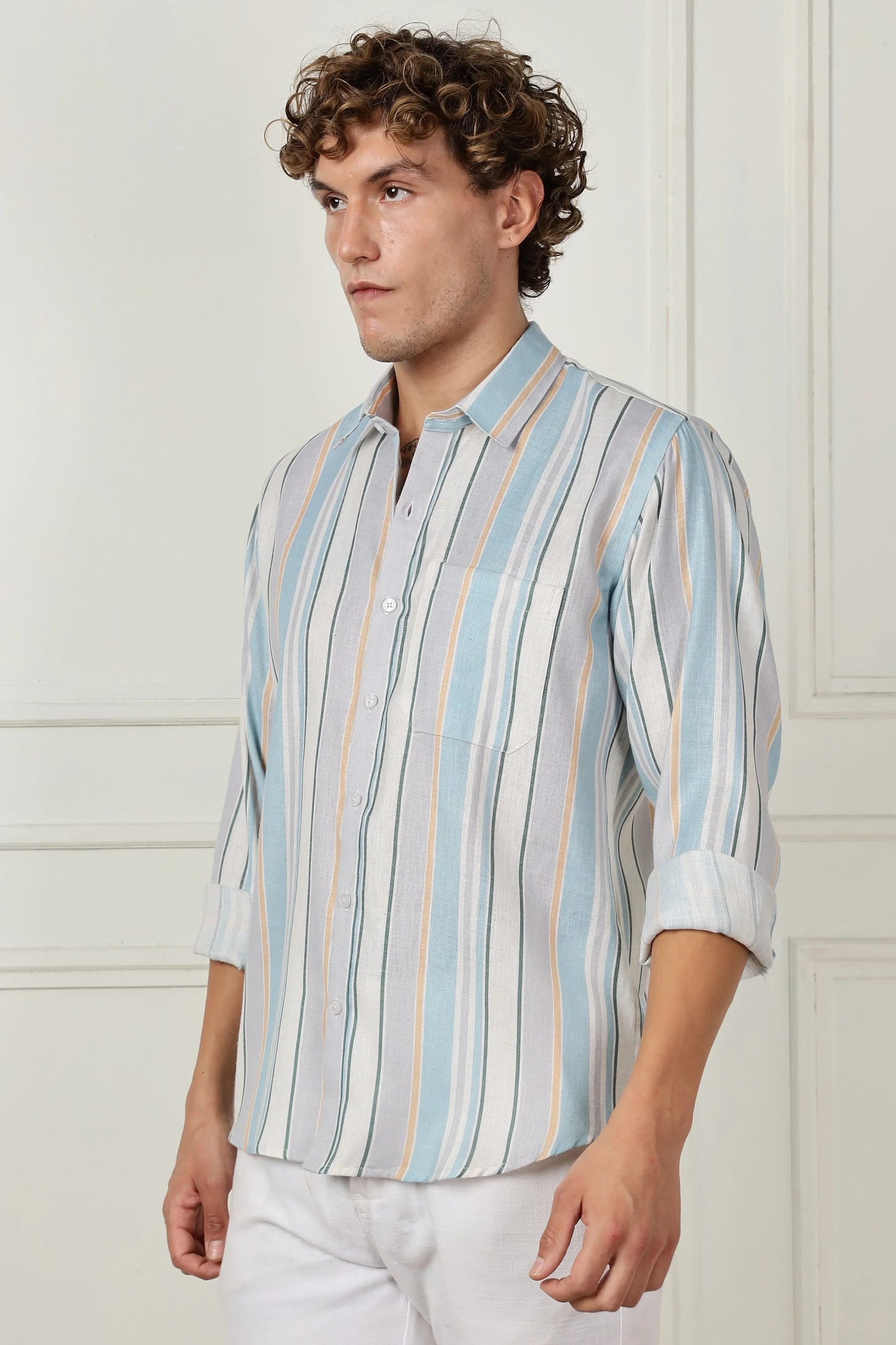 Skyblue stripe printed full sleeve linen shirt