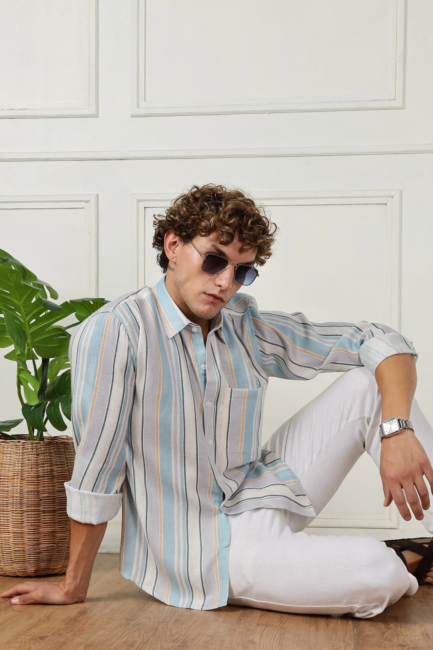Skyblue stripe printed full sleeve linen shirt