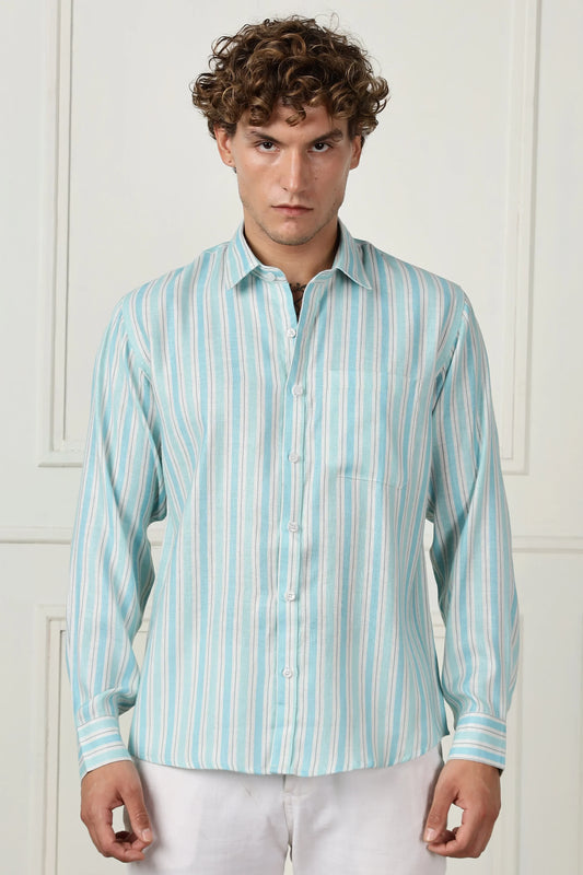 turquoise stripe printed full sleeve linen shirt