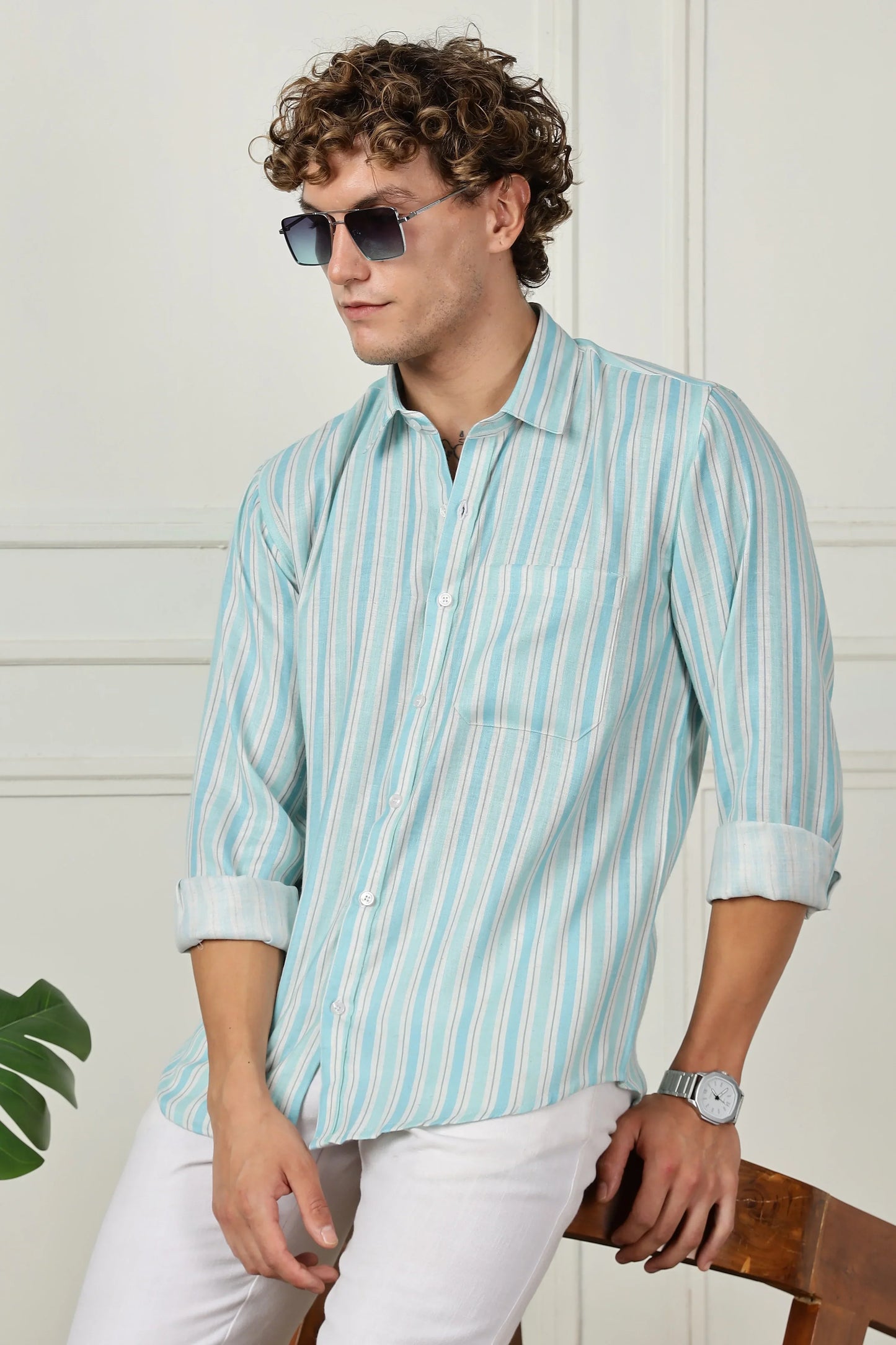 turquoise stripe printed full sleeve linen shirt
