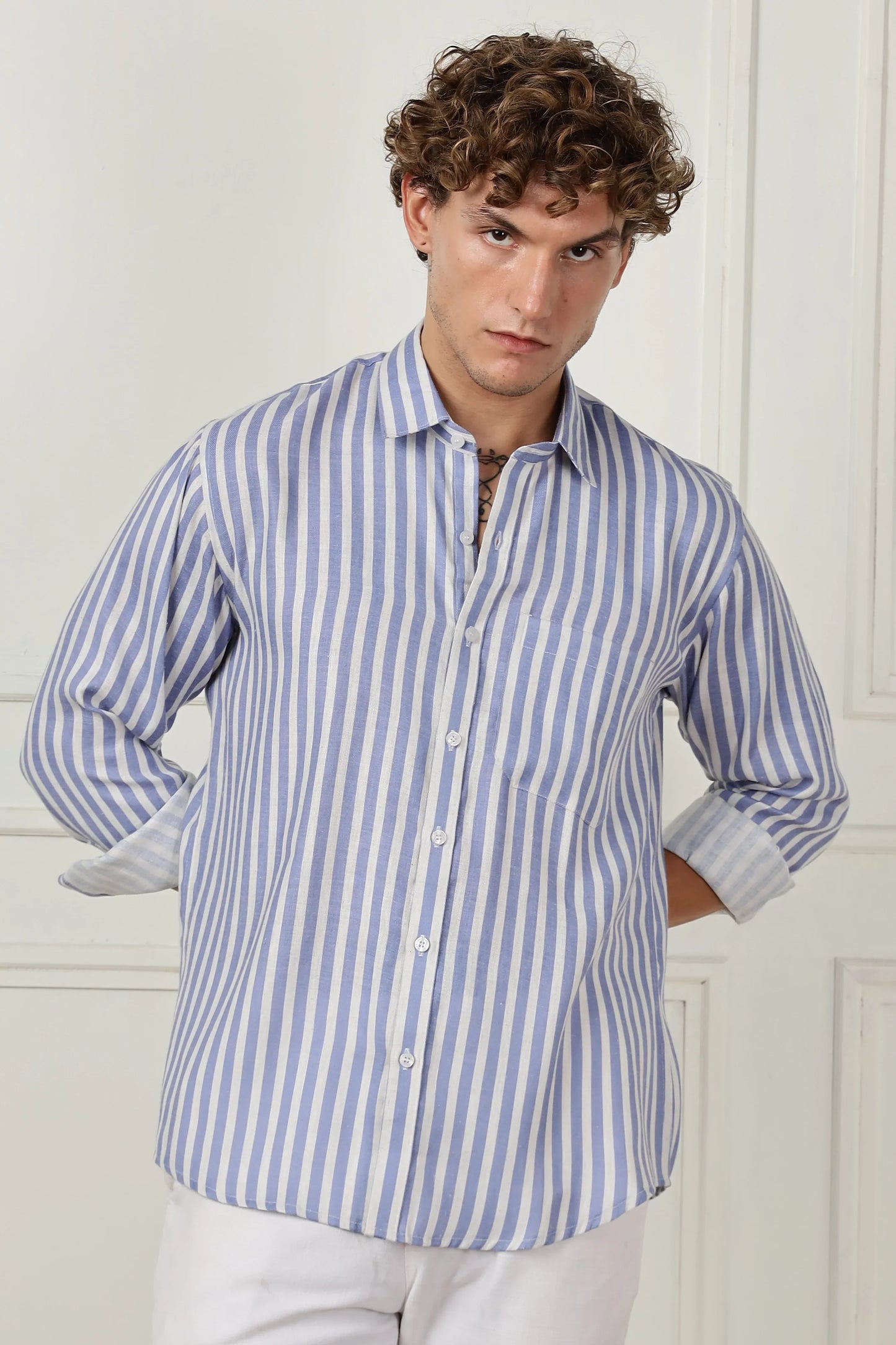 Blue stripe printed full sleeve linen shirt