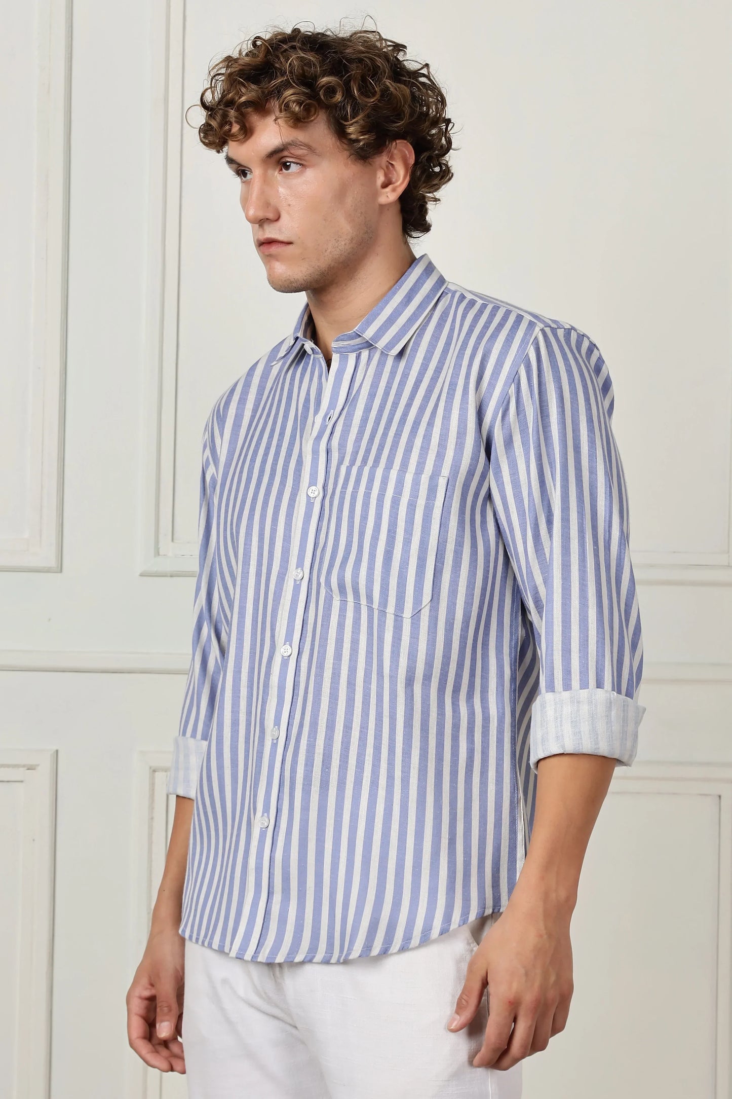 Blue stripe printed full sleeve linen shirt