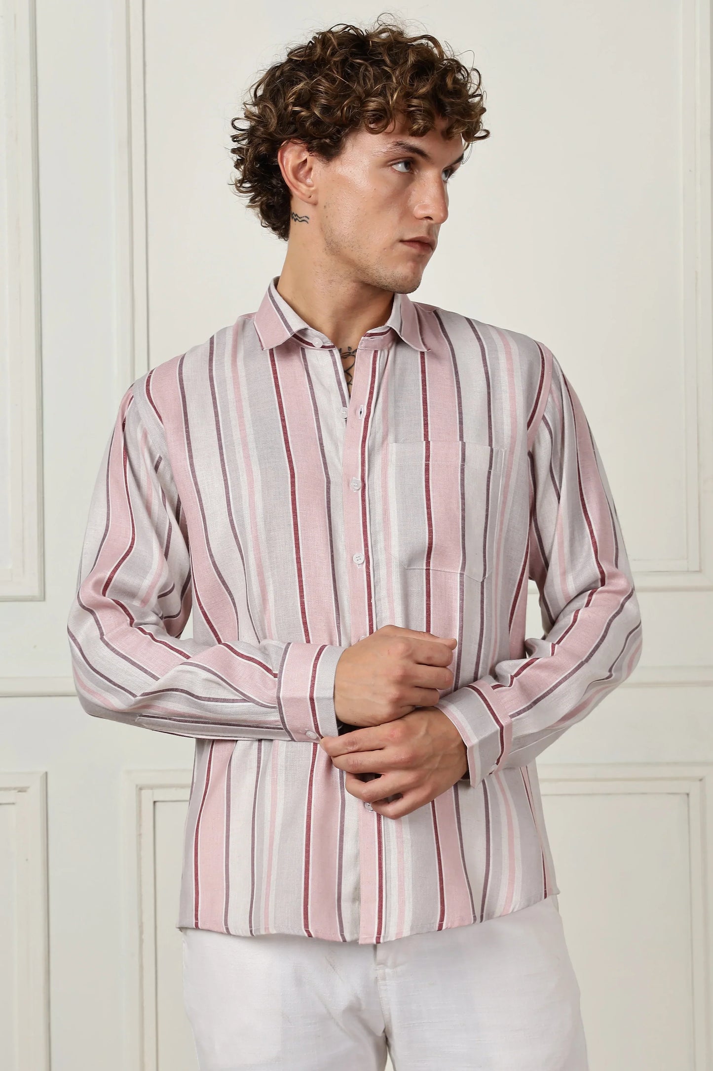 Pink stripe printed full sleeve linen shirt