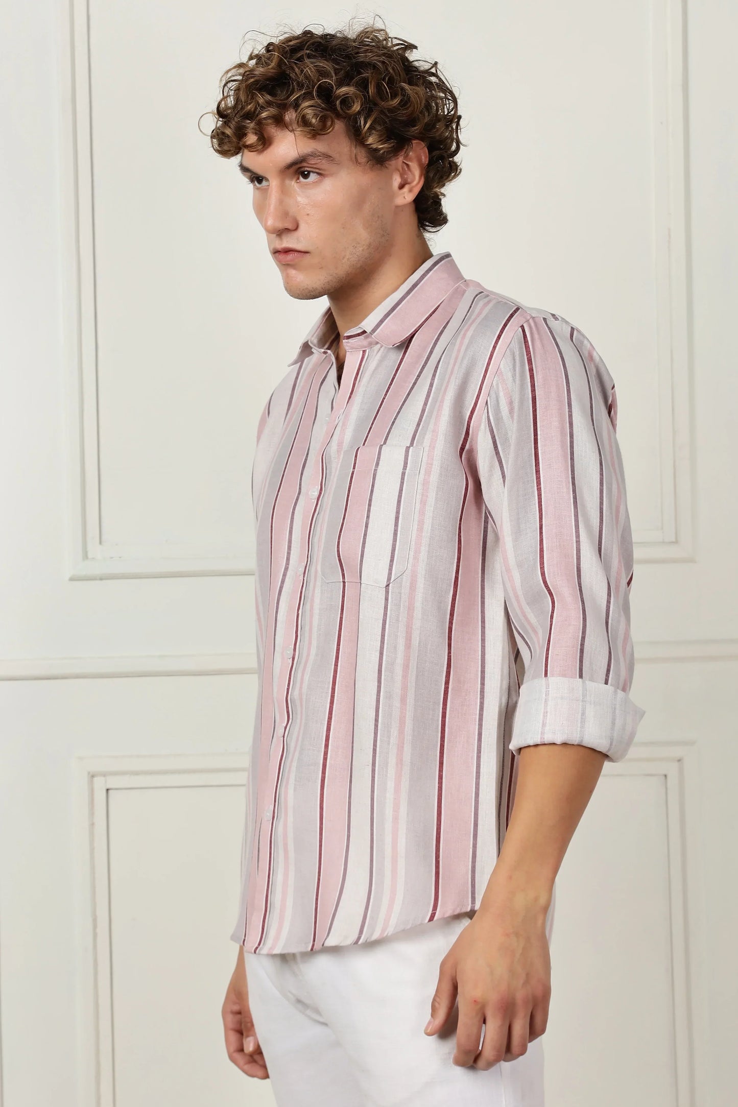 Pink stripe printed full sleeve linen shirt