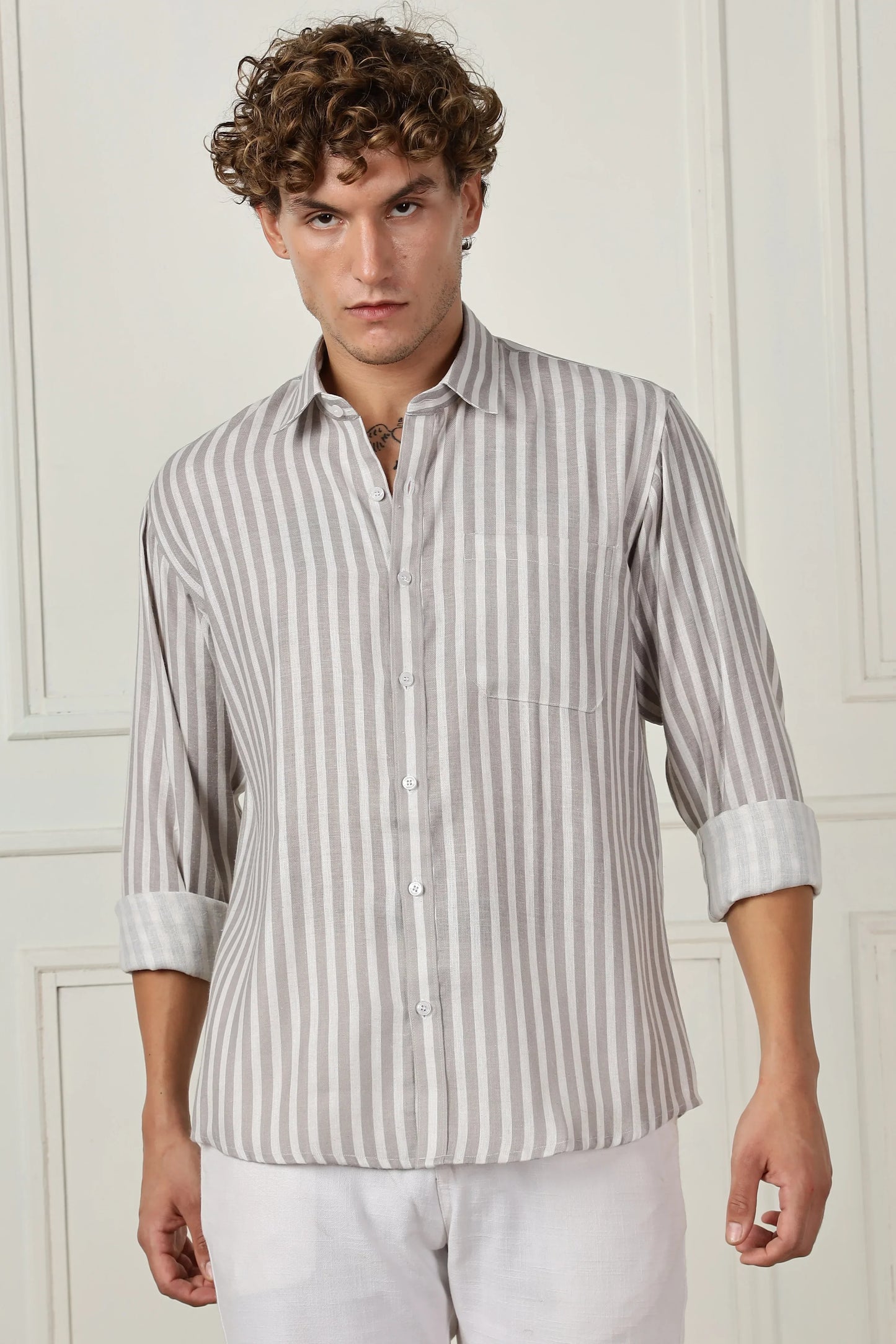 Grey stripe printed full sleeve linen shirt