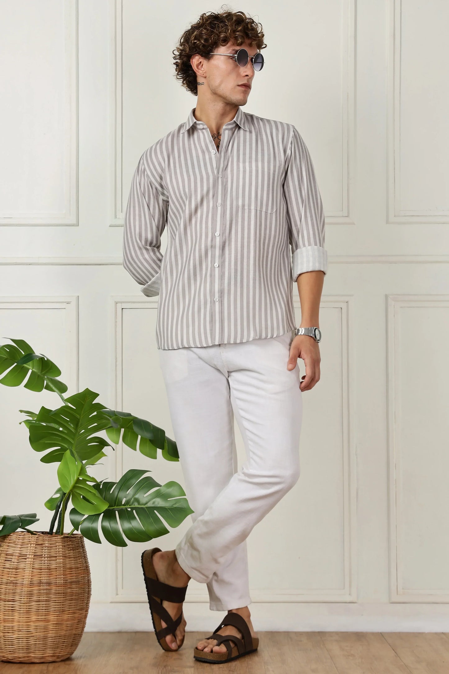 Grey stripe printed full sleeve linen shirt