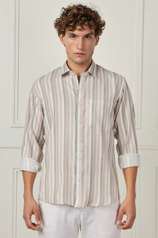 Beige stripe printed full sleeve linen shirt