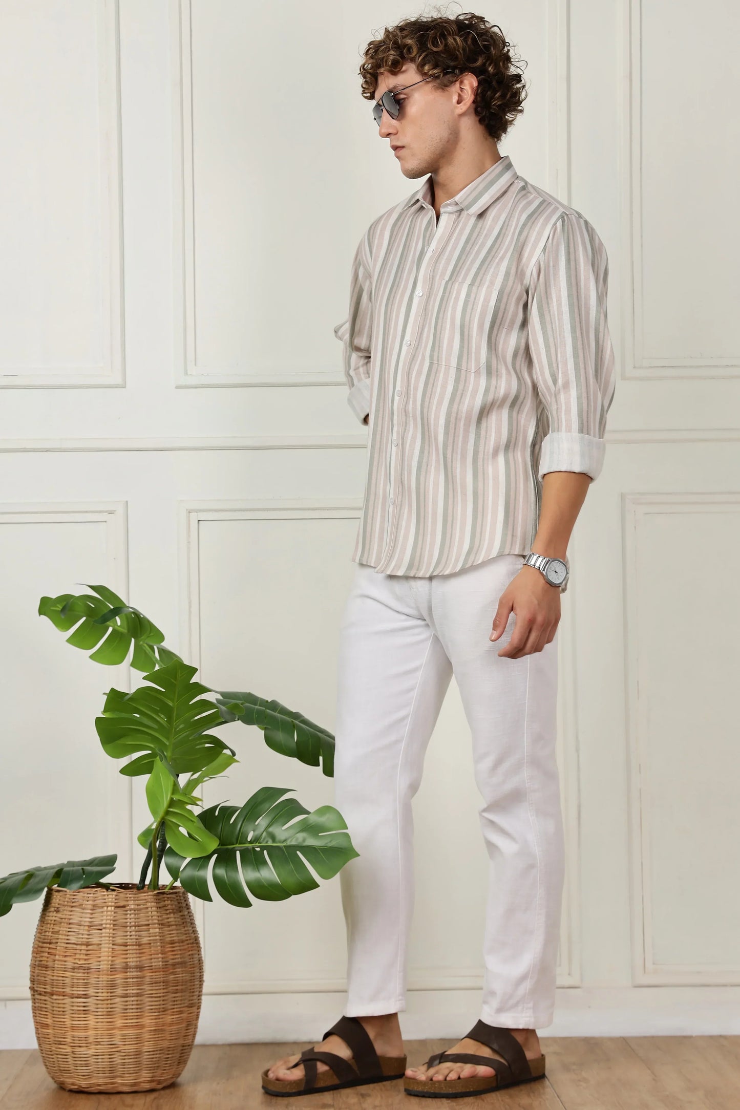 Beige stripe printed full sleeve linen shirt