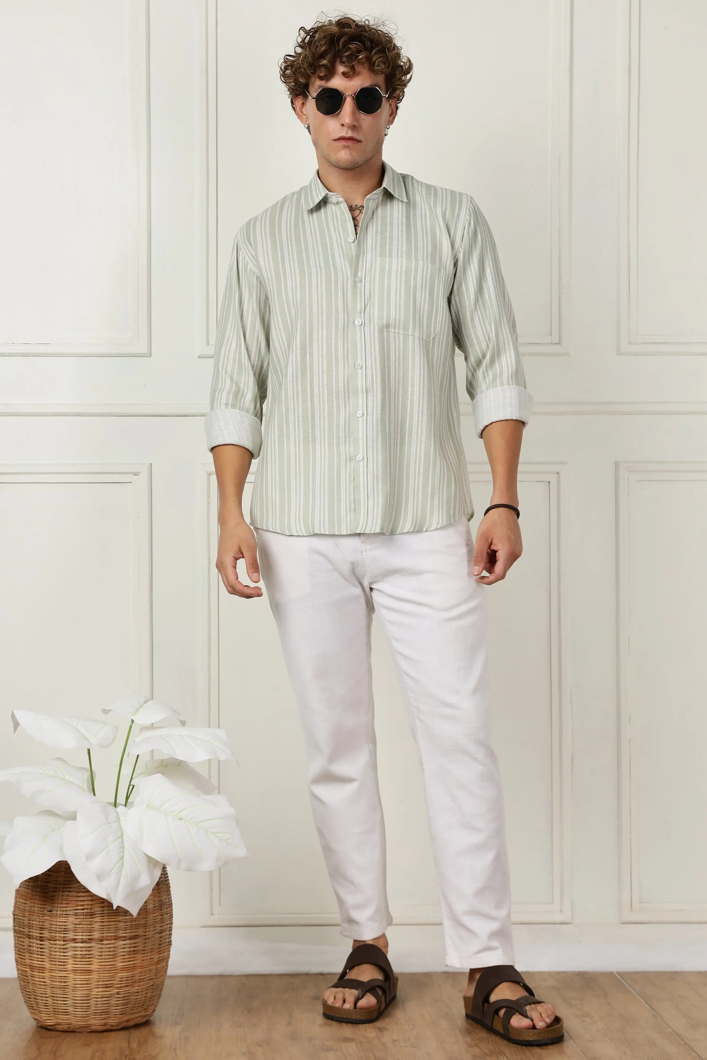 parrot green stripe printed full sleeve linen shirt