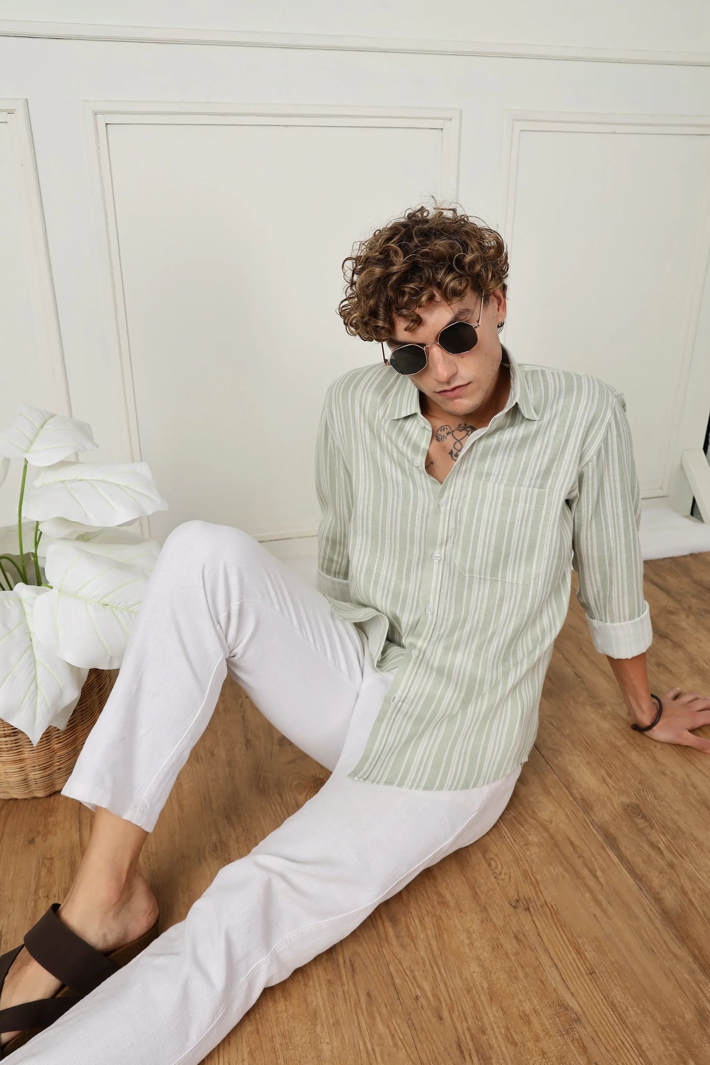 parrot green stripe printed full sleeve linen shirt