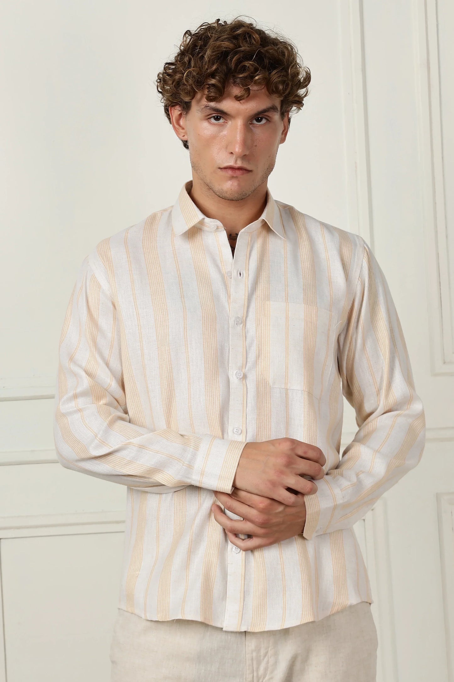 Light yellow stripe printed full sleeve linen shirt