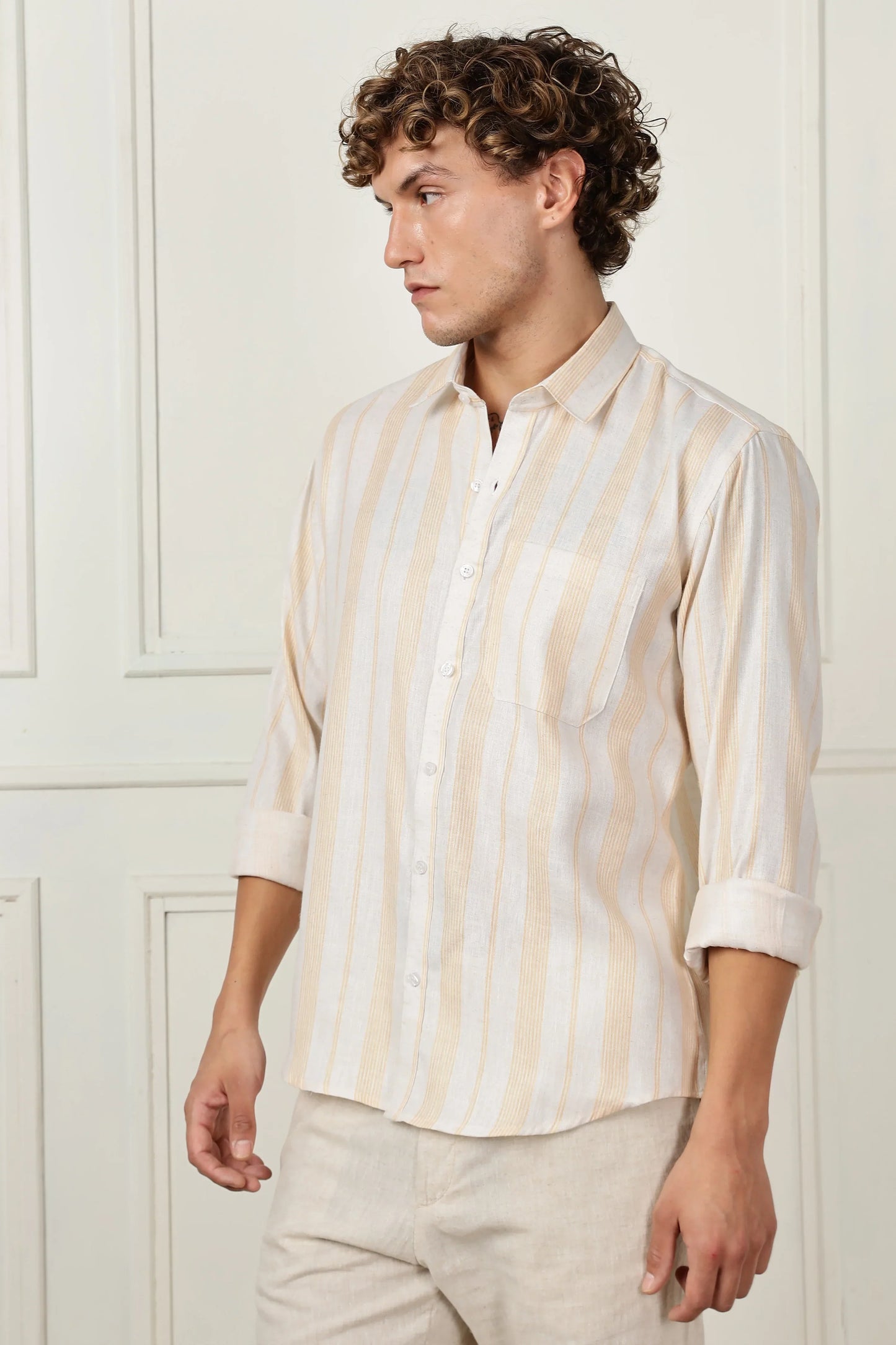 Light yellow stripe printed full sleeve linen shirt
