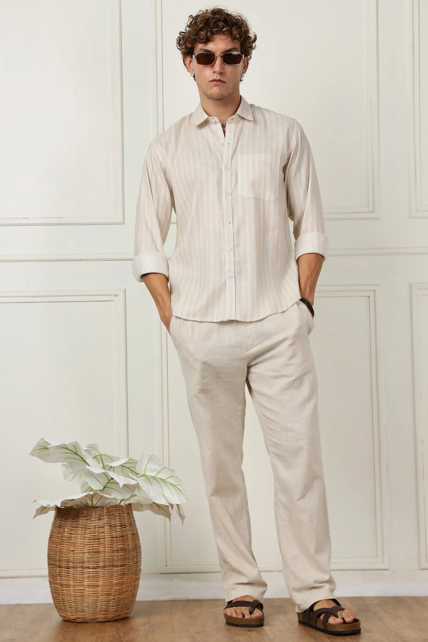 Yellow stripe printed full sleeve linen shirt