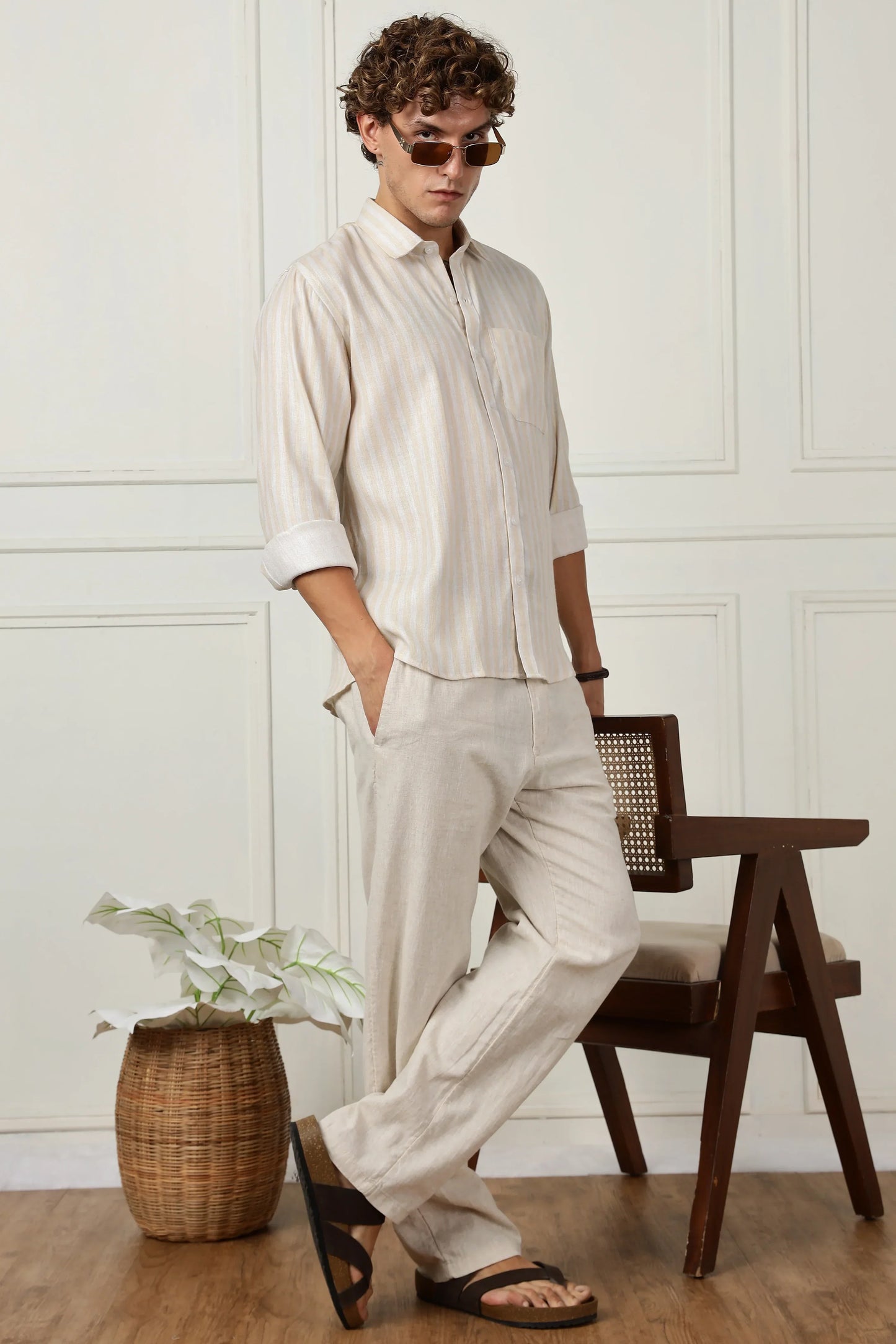 Yellow stripe printed full sleeve linen shirt